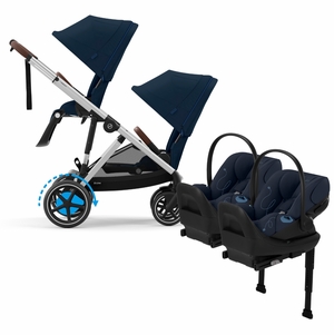 Cybex eGazelle S Double Stroller + Cloud G Lux SensorSafe Twin Travel System Bundle - Silver Frame / Ocean Blue / Ocean Blue