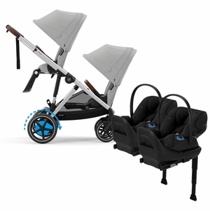 Cybex eGazelle S Double Stroller + Cloud G Lux SensorSafe Twin Travel System Bundle - Silver Frame / Stone Grey / Moon Black