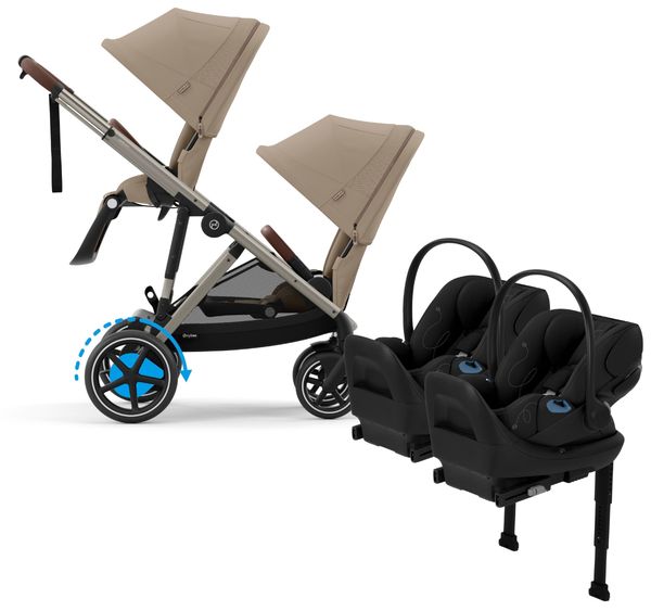 Cybex eGazelle S Double Stroller + Cloud G Lux SensorSafe Twin Travel System Bundle - Taupe Frame / Almond Beige / Moon Black