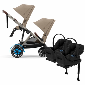 Cybex eGazelle S Double Stroller + Cloud G Lux SensorSafe Twin Travel System Bundle - Taupe Frame / Almond Beige / Moon Black