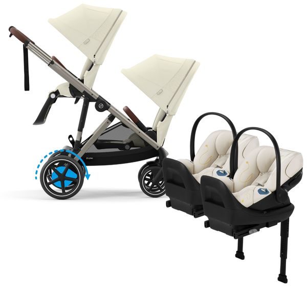 Cybex eGazelle S Double Stroller + Cloud G Lux SensorSafe Twin Travel System Bundle - Taupe Frame / Seashell Beige / Seashell Beige