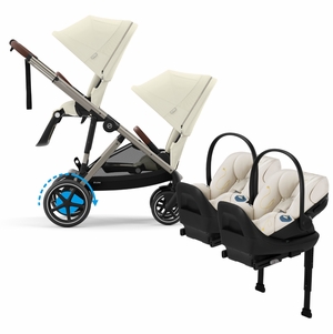 Cybex eGazelle S Double Stroller + Cloud G Lux SensorSafe Twin Travel System Bundle - Taupe Frame / Seashell Beige / Seashell Beige