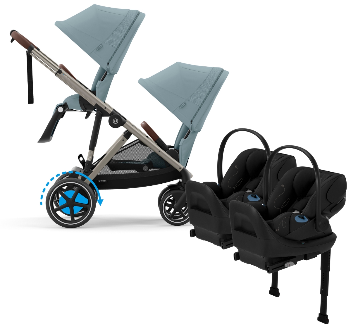 Cybex eGazelle Double Stroller + Cloud G Lux SensorSafe Twin Travel System Bundle - Taupe Frame / Stormy Blue / Moon Black