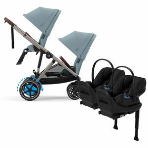 Cybex eGazelle S Double Stroller + Cloud G Lux SensorSafe Twin Travel System Bundle - Taupe Frame / Stormy Blue / Moon Black