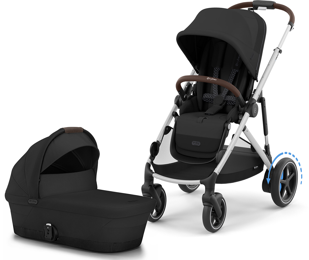 Cybex eGazelle Stroller + Gazelle 2 Cot Bundle - Silver Frame / Moon Black