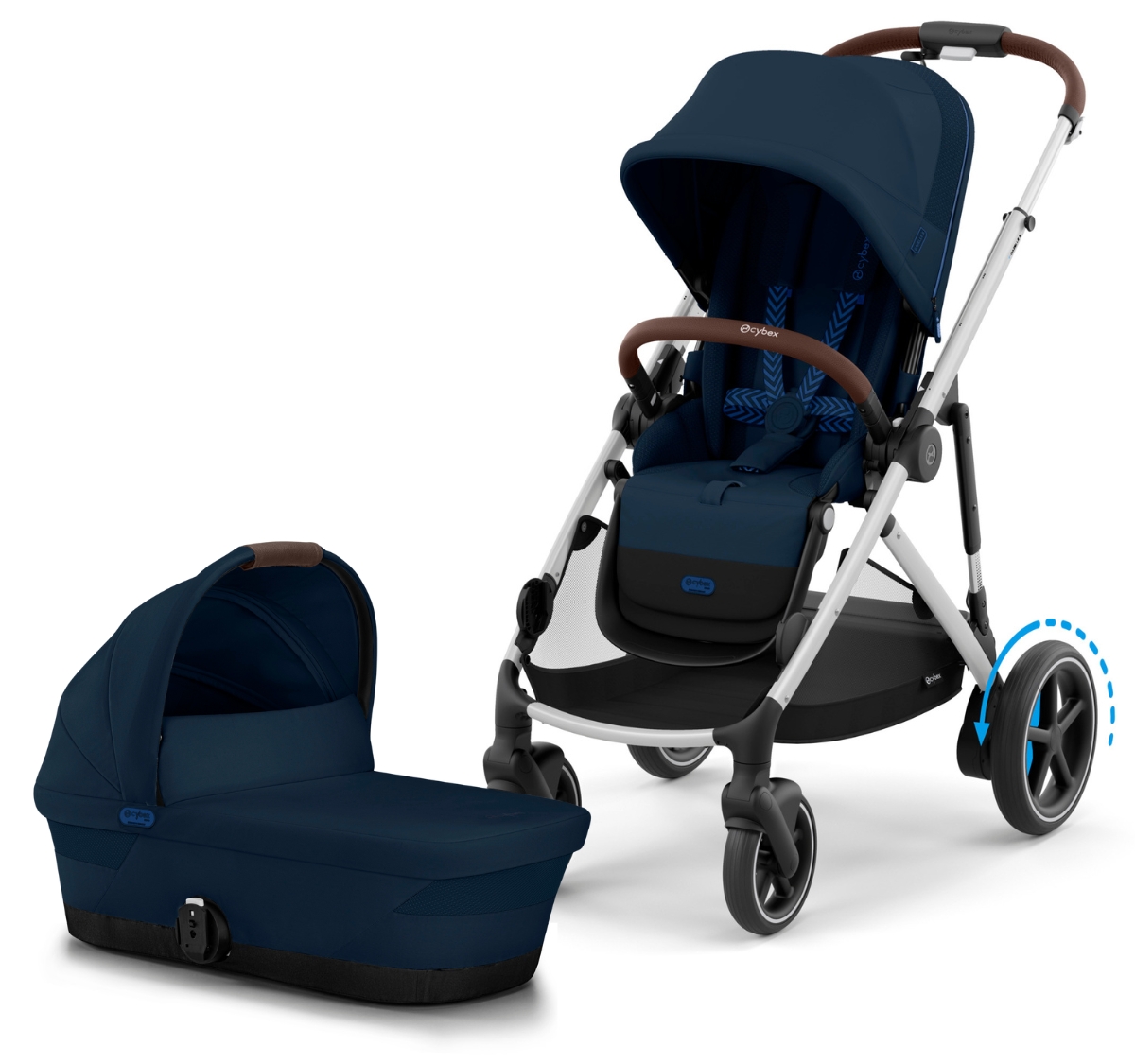 Cybex eGazelle Stroller + Gazelle 2 Cot Bundle - Silver Frame / Ocean Blue