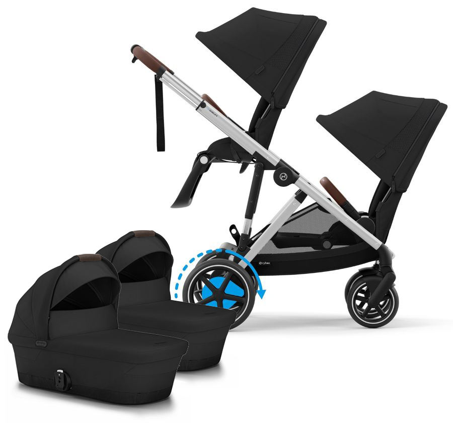 Cybex eGazelle Twin Stroller + Cot Bundle - Silver Frame / Moon Black