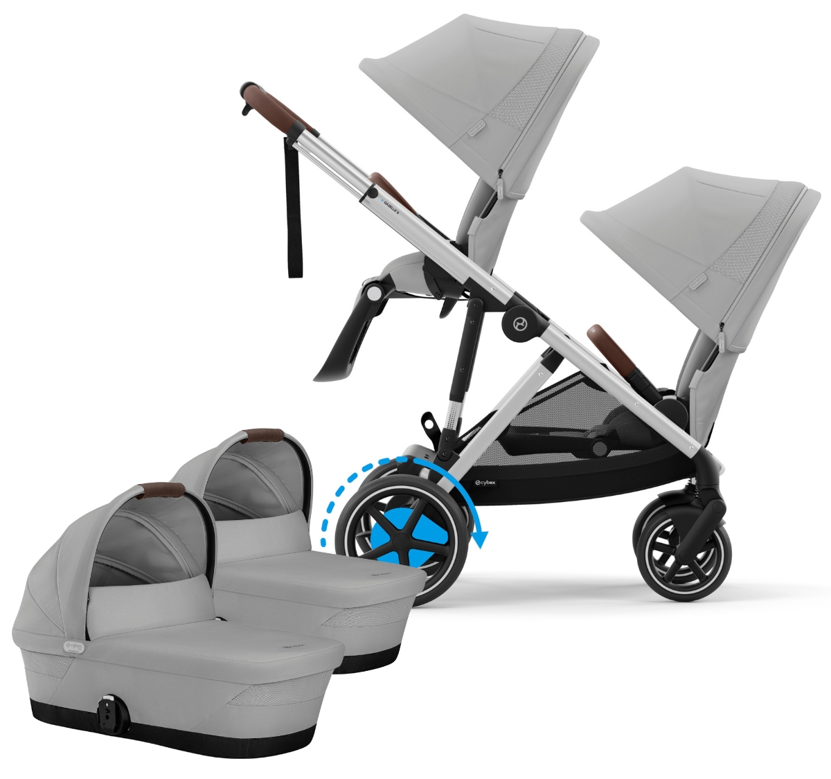 Cybex eGazelle Twin Stroller + Cot Bundle - Silver Frame / Stone Grey