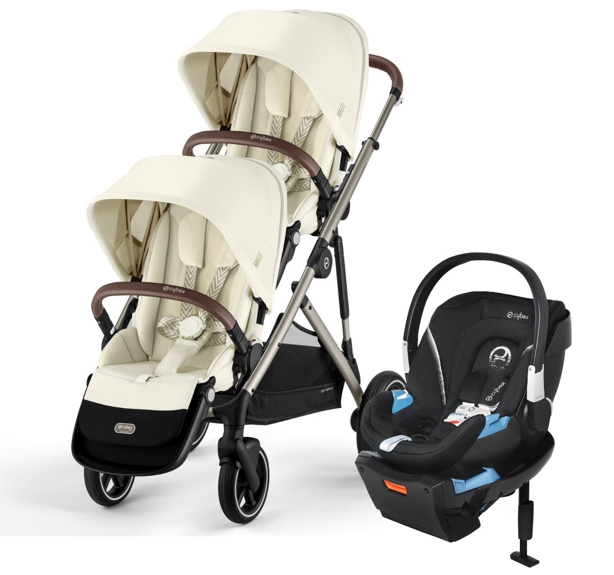 Cybex Gazelle S 2 Double Stroller + Aton 2 Travel System Bundle Taupe