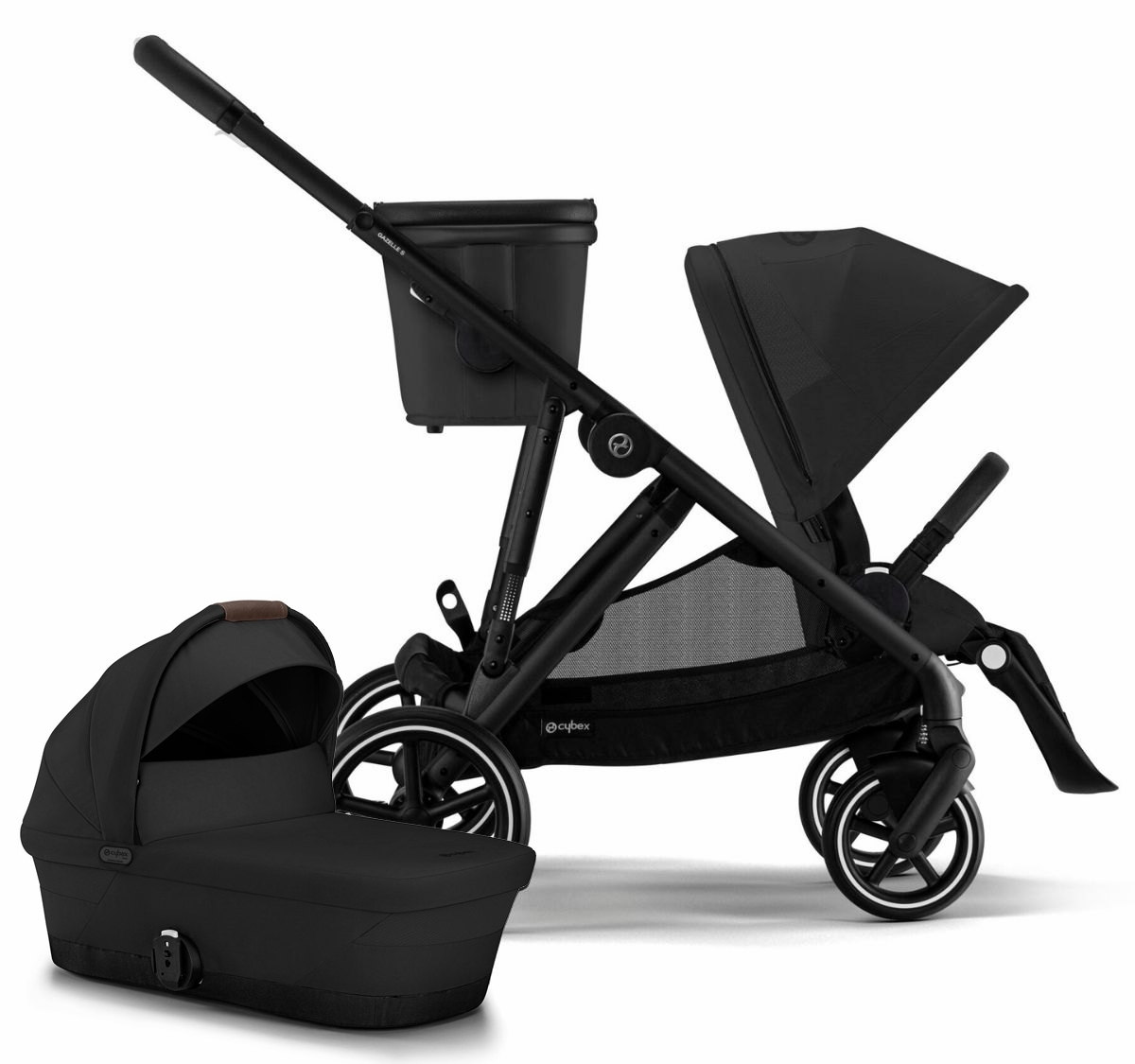 Cybex Gazelle 2 Single-to-Double Stroller + Cot Bundle - Black Frame / Moon Black