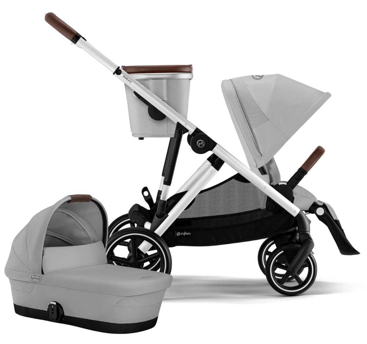 Cybex Gazelle 2 Single-to-Double Stroller + Cot Bundle - Silver Frame / Lava Grey