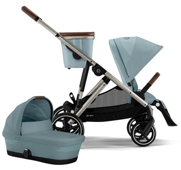 Cybex Gazelle S 2 Single-to-Double Stroller + Cot Bundle - Taupe Frame / Sky Blue