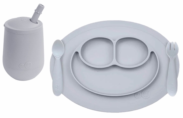 EZPZ Toddler Bundle - Mini Feeding Set + Mini Cup and Straw Training System - Pewter