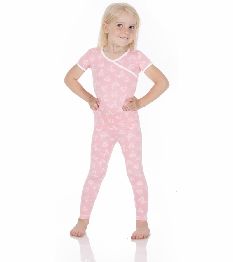 KicKee Pants Short Sleeve Kimono Pajama Set Lotus Butterfly, 3T