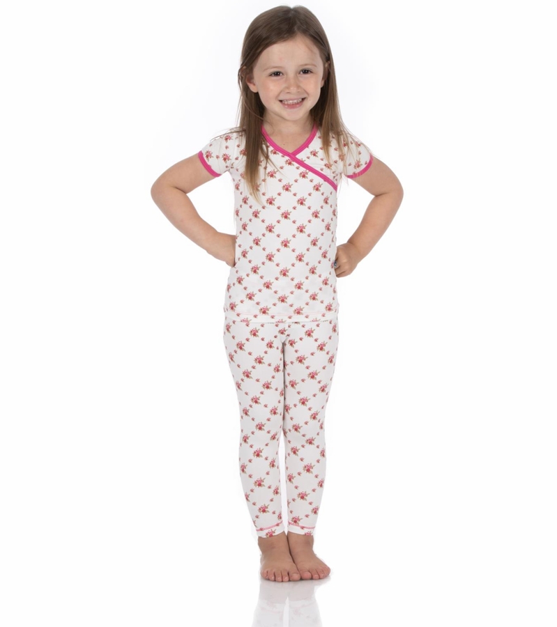 KicKee Pants Short Sleeve Kimono Pajama Set Natural Rose Trellis, 5 Years