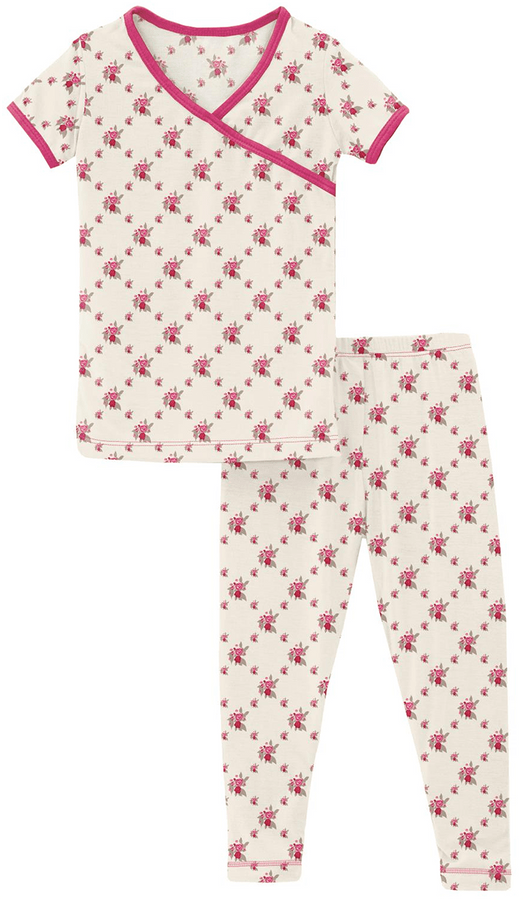 KicKee Pants Short Sleeve Kimono Pajama Set Natural Rose Trellis, 4T