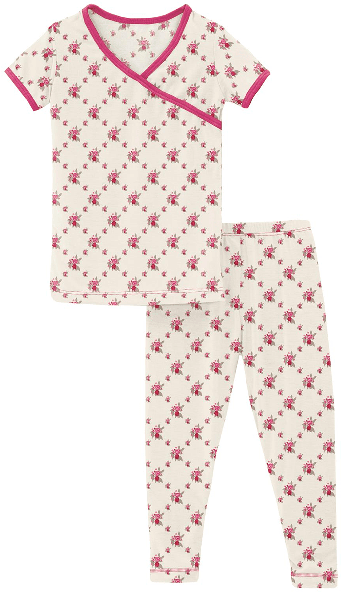 KicKee Pants Short Sleeve Kimono Pajama Set Natural Rose Trellis, 5 Years