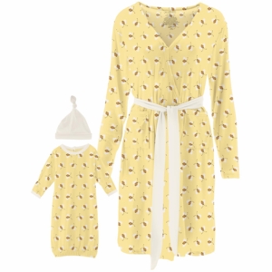 KicKee Pants Women's Mid Length Lounge Robe & Layette Gown Set - Wallaby Bees, L