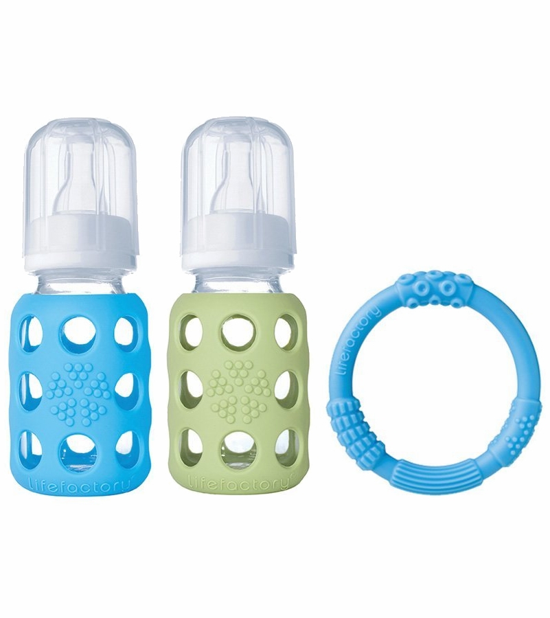 Lifefactory Glass Baby Bottle Gift Set, 4 oz Sky/Spring Green