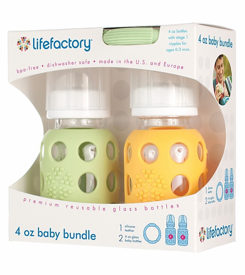 Lifefactory Glass Baby Bottle Gift Set, 4 oz Spring Green/Yellow
