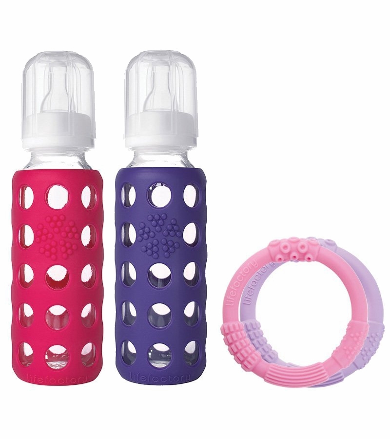 Lifefactory Glass Baby Bottle Gift Set, 9 oz Raspberry/Royal Purple
