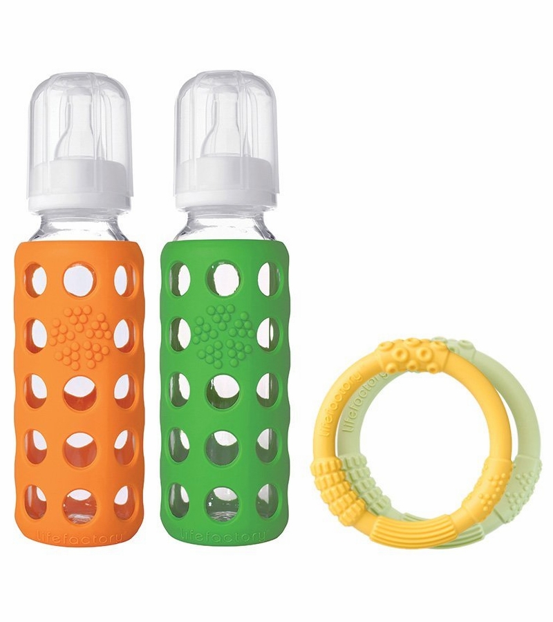 Lifefactory Glass Baby Bottle Gift Set, 9oz Orange/Grass Green