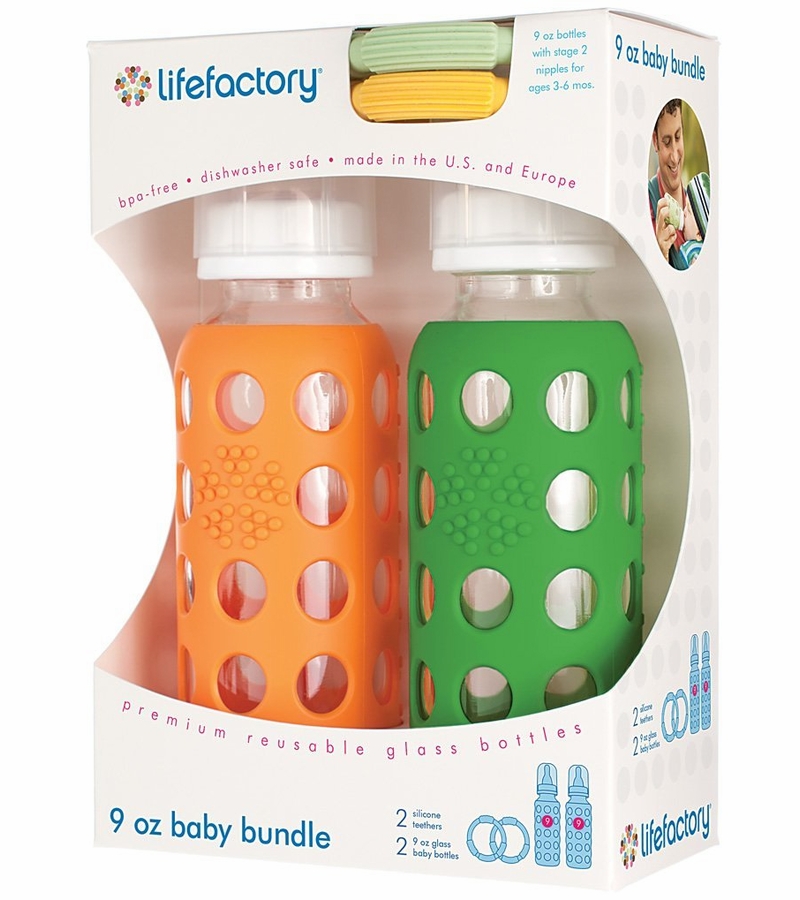 Lifefactory Glass Baby Bottle Gift Set, 9oz Orange/Grass Green