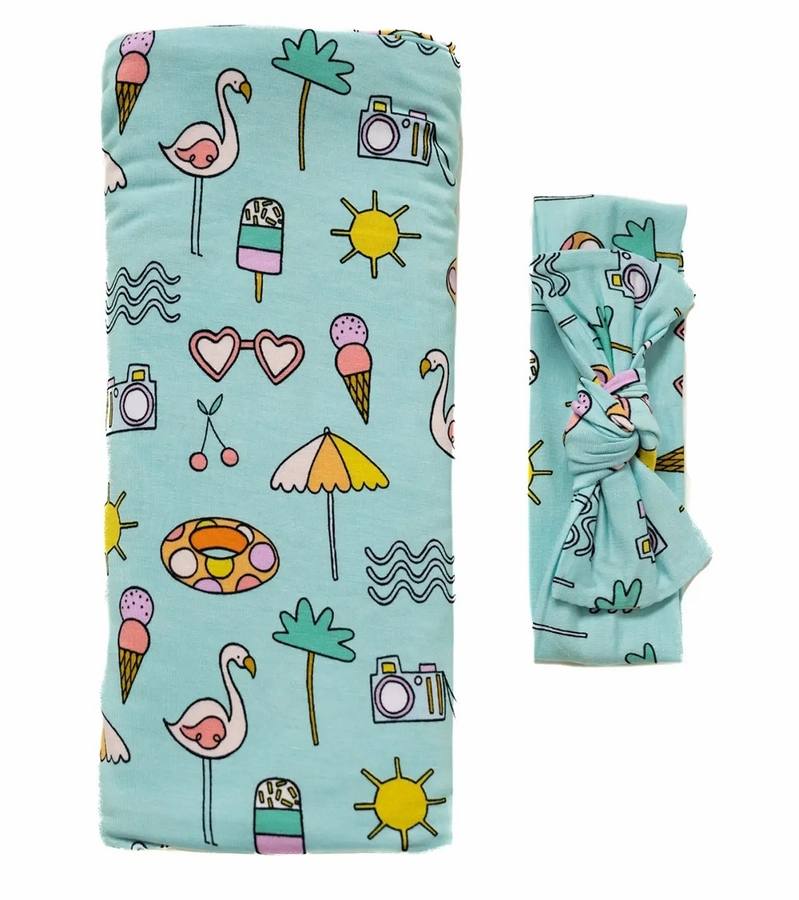 Little Sleepies Bamboo Viscose Swaddle + Headband Set Pool Party