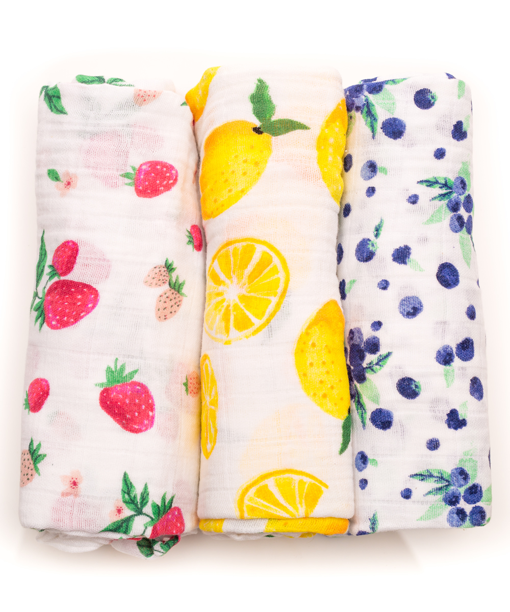 Little Unicorn Watercolor Roses Cotton Muslin 3-Pack Swaddle Blanket Set - Lemon and Blueberry Prints