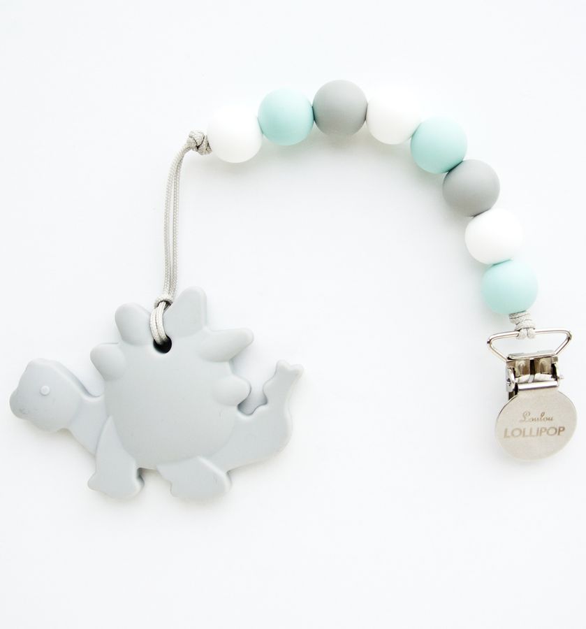 Loulou Lollipop Silicone Teether with Clip Dino Grey
