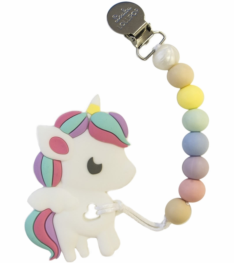 Loulou Lollipop Silicone Teether with Clip Rainbow Unicorn/Cotton Candy