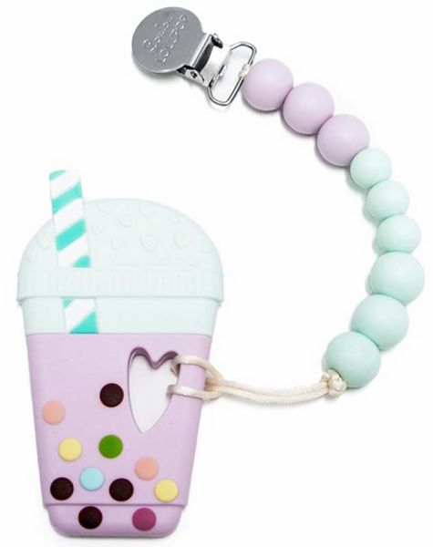 Loulou Lollipop Silicone Teether with Clip - Taro Milk Tea - Lilac/Mint