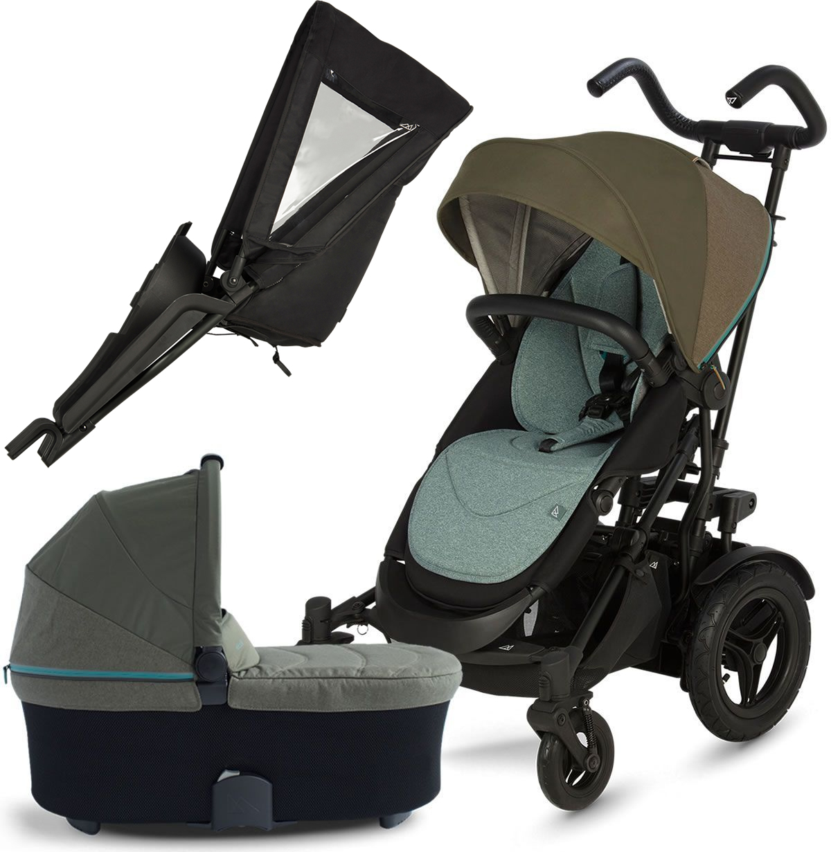 Micralite TwoFold Double Stroller + Bassinet - Evergreen