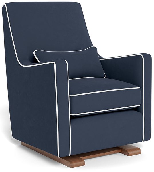 Monte Design Luca Glider - Walnut Base / Navy Blue Performance Microfiber Fabric & Pillow / White Piping
