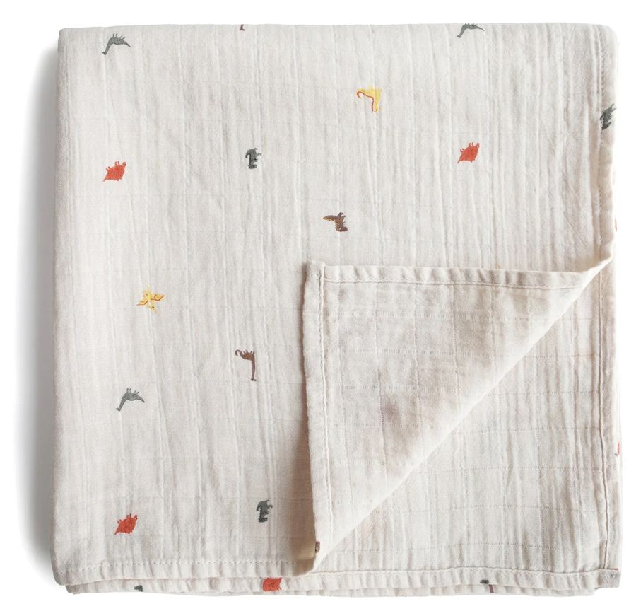 Mushie Organic Cotton Muslin Swaddle Blanket Dinosaurs