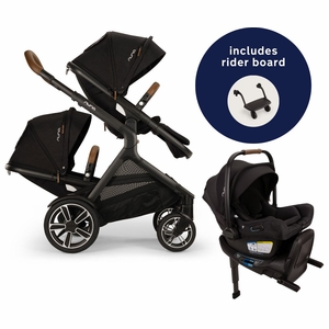 Nuna DEMI Next Double Stroller with Rider Board + PIPA Aire RX Travel System Bundle - Caviar