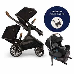 Nuna DEMI Next Double Stroller with Rider Board + PIPA RX Travel System Bundle - Caviar