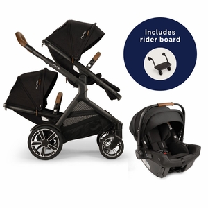 Nuna DEMI Next Double Stroller with Rider Board + PIPA urbn Travel System Bundle - Caviar