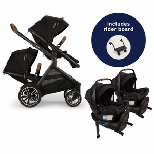 Nuna DEMI Next Twin Double Stroller with Rider Board + PIPA Aire RX Travel System Bundle - Caviar