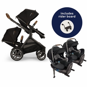 Nuna DEMI Next Twin Double Stroller with Rider Board + PIPA RX Travel System Bundle - Caviar