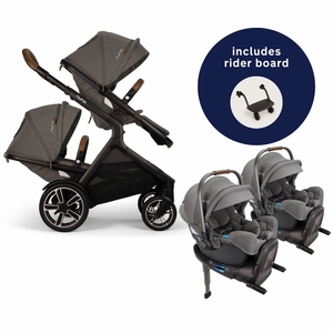 Nuna DEMI Next Twin Double Stroller with Rider Board + PIPA RX Travel System Bundle - Granite