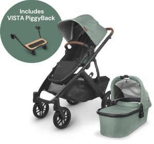 UPPAbaby VISTA V2 Single-to-Double Stroller + PiggyBack Ride-Along Bundle - Gwen (Green Melange / Carbon / Saddle Leather)
