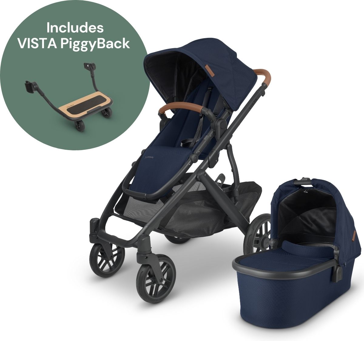 UPPAbaby Vista V2 Single-to-Double Stroller + PiggyBack Ride-Along Bundle - Noa (Navy/Carbon/Saddle Leather)
