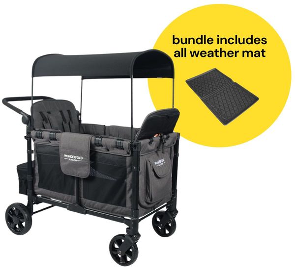 WonderFold W4 Elite Multifunctional Quad (4 Seater) Stroller Wagon + All Weather Mat Bundle - Charcoal Gray