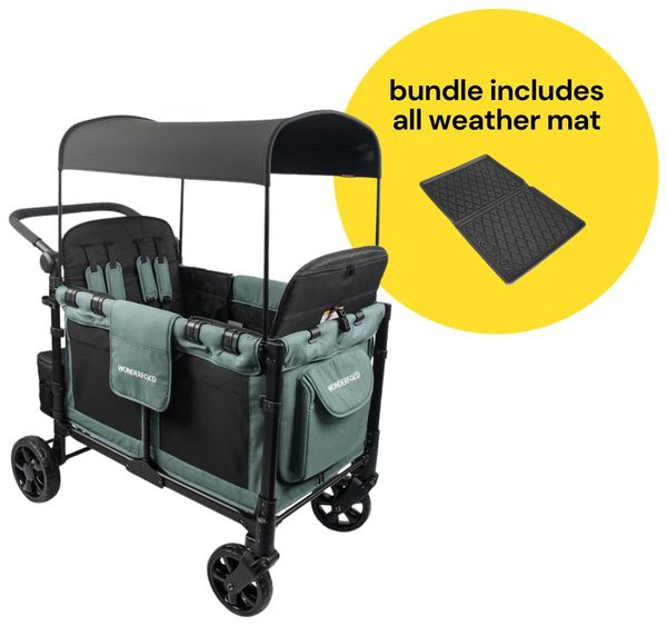 WonderFold W4 Elite Multifunctional Quad (4 Seater) Stroller Wagon + All Weather Mat Bundle - Hunter Green
