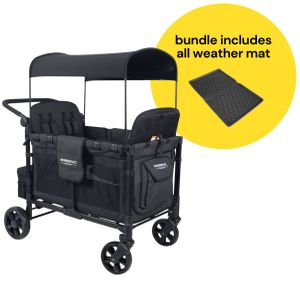 WonderFold W4 Elite Multifunctional Quad (4 Seater) Stroller Wagon + All Weather Mat Bundle - Volcanic Black