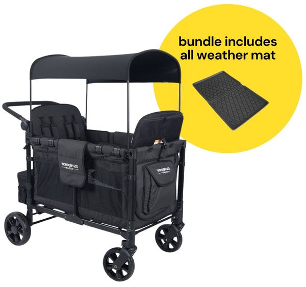 WonderFold W4 Elite Multifunctional Quad (4 Seater) Stroller Wagon + All Weather Mat Bundle - Volcanic Black