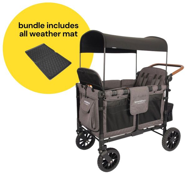 WonderFold W4 Luxe Multifunctional Quad (4 Seater) Stroller Wagon + All Weather Mat Bundle - Charcoal Gray/Black Frame