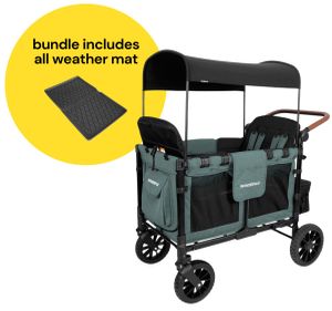 WonderFold W4 Luxe Multifunctional Quad (4 Seater) Stroller Wagon + All Weather Mat Bundle - Hunter Green (Albee Exclusive)
