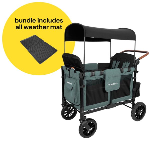 WonderFold W4 Luxe Multifunctional Quad (4 Seater) Stroller Wagon + All Weather Mat Bundle - Hunter Green (Albee Exclusive)